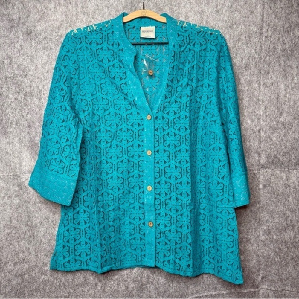 NWOT Bedford Fair Turquoise Cotton Blend‎ 3/4 Sleeve Lace Top- Sz 1X